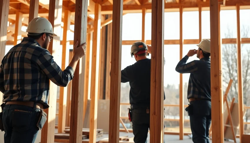 High-quality framing construction with workers assembling wooden support structures on-site, highlighting structural expertise and craftsmanship.