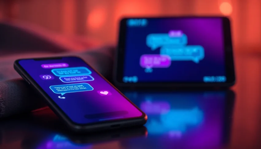 Close-up of digital devices showing a colorful AI chat interface with neon accents, emphasizing intimacy and modern technology.