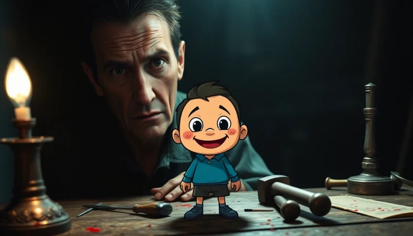A disturbing scene showing Harvey and a distressed man in a dark room with ominous tools, highlighting the game's psychological horror theme.