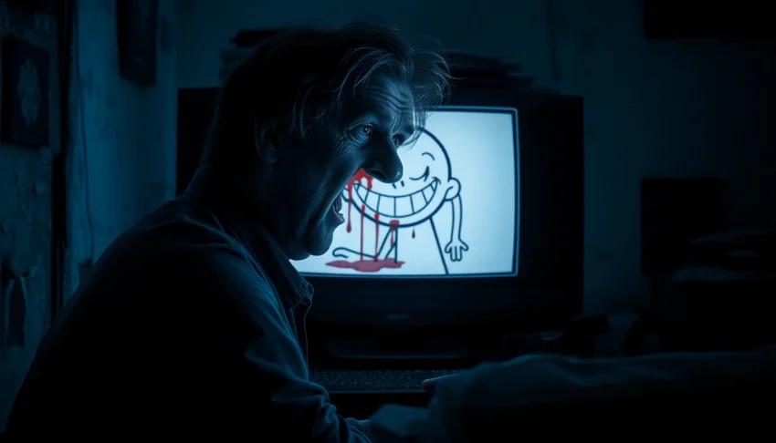 A distressed man in a dark room watching a suffering cartoon character on a computer screen, conveying psychological horror.