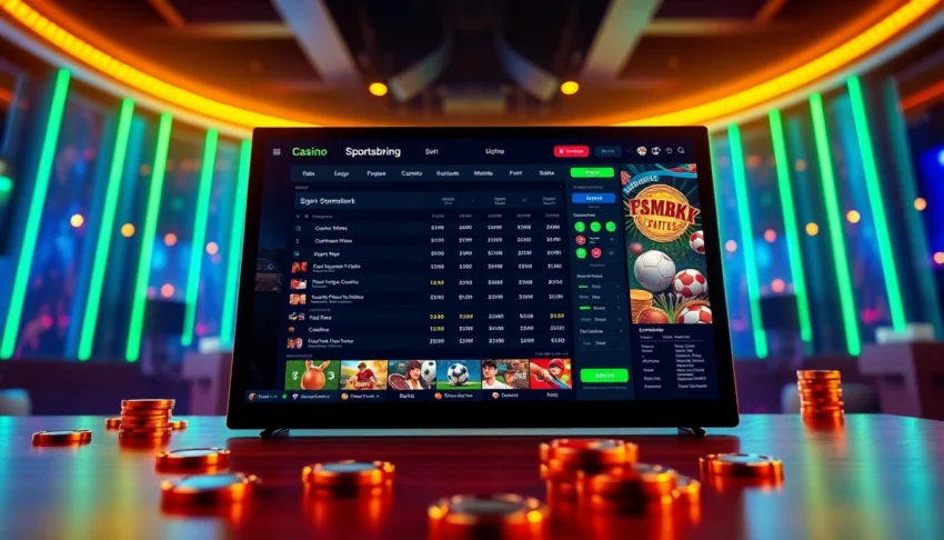 Digital sportsbook and casino interface with neon lights and betting elements