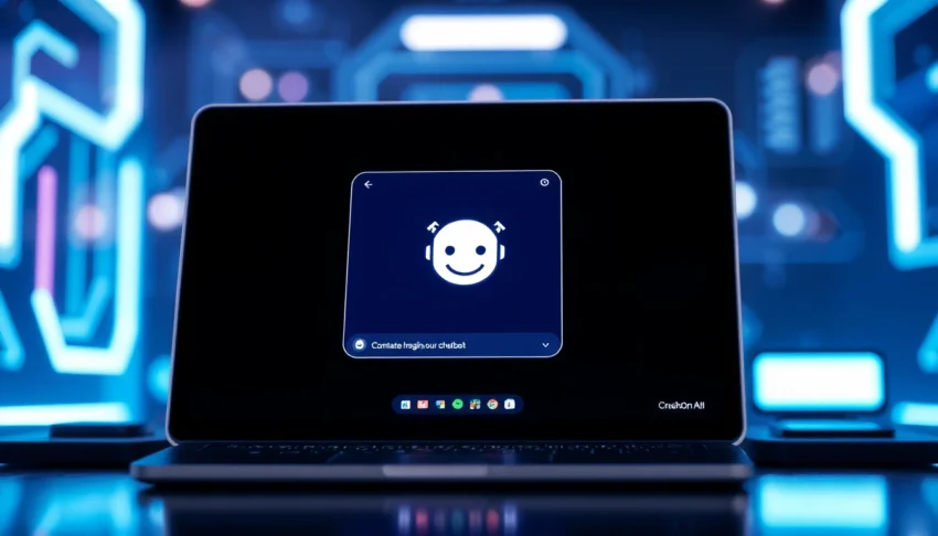 Futuristic AI chatbot interface on a digital device with a friendly avatar and glowing tech background.