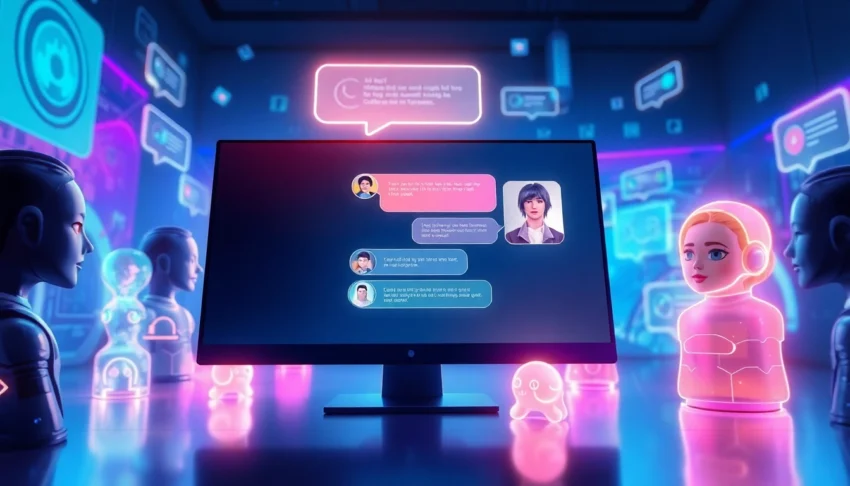 An illustration of a futuristic chat interface with holographic AI characters in a modern tech setting, neon lighting, and digital patterns.