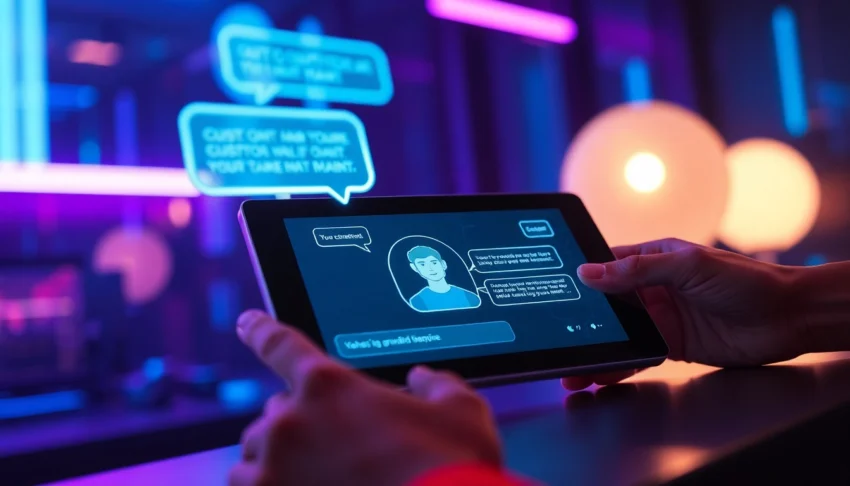 Futuristic digital device showing AI chatbot conversation with glowing holographic text bubbles in a high-tech environment.