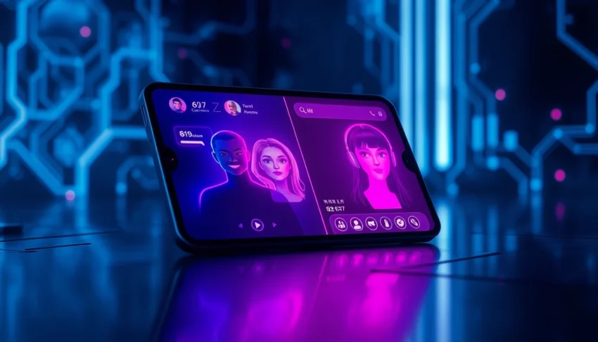 Futuristic digital devices displaying customizable AI chat interfaces with vibrant neon colors and cyber-themed background.