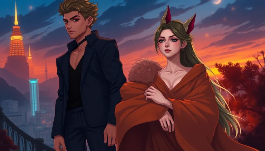 A stylized illustration of an alpha and omega character in a futuristic cityscape at twilight, showcasing contrasting emotions and themes of connection and tension.