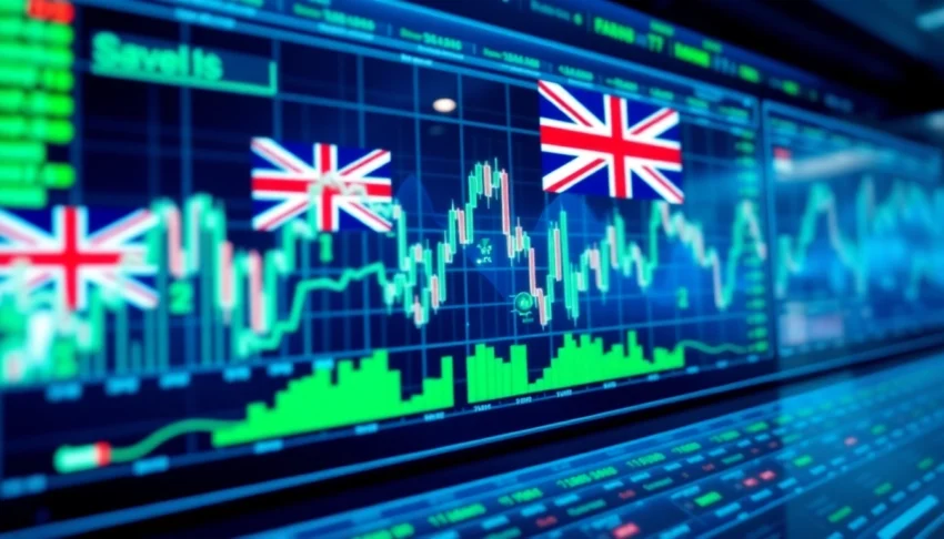 UK Stock Market News highlighted on digital screen with financial graphs and UK flags,