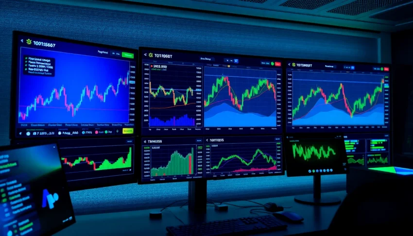Cryptocurrency Trading News highlights on a digital trading dashboard with charts and headlines